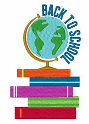 Colorful globe atop vibrant stack of books with 'BACK TO SCHOOL' text, perfect for educational themes.