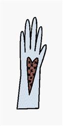 Playful gloved hand with a brown heart design, outlined in black, surrounded by colorful stars.