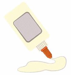 Playful glue bottle in cartoon style with beige body, orange cap, and white glue puddle. Perfect for crafts.