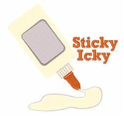 Playful cartoon glue bottle with brown nozzle and vibrant orange 'Sticky Icky' text over a glue puddle.