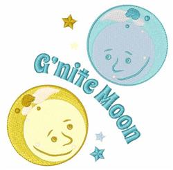 Playful cartoon moons, one yellow and one blue, with cheerful stars and 'G'nite Moon' text for a soothing nighttime theme.