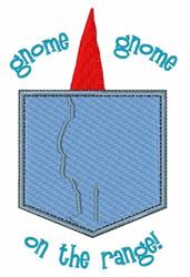 Whimsical gnome with a red hat on a blue pocket, featuring the text 'gnome gnome on the range!'