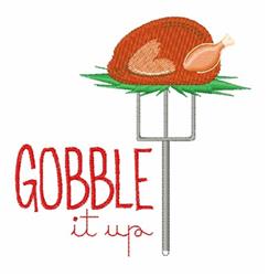 Stylized turkey on a fork amidst green grass, with playful 'GOBBLE' text, perfect for Thanksgiving.