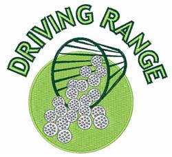 Golf balls spilling from a bucket on a vibrant green background, featuring 'DRIVING RANGE' in bold letters.