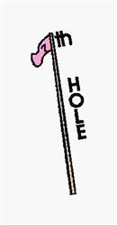 Pink golf flag with pole showcasing '7th' and 'HOLE' in black lettering. Playful design perfect for sports.