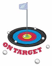 Playful target with a flag featuring a vibrant blue design, white golf balls, and bold red text 'ON TARGET'.