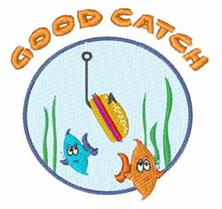Playful design featuring two cartoon fish, a fishing hook, and 'GOOD CATCH' text in a circular layout.