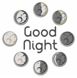 Playful text 'Good Night' surrounded by colorful crescent moons and soft clouds, perfect for bedtime decor.