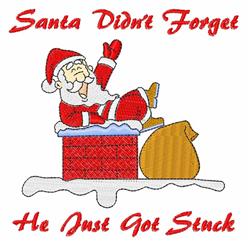 Cartoonish Santa Claus in a red suit stuck in a chimney, with a brown sack beside him. Perfect for Christmas.