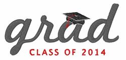 Playful graduation cap above 'grad' in flowing script and 'CLASS OF 2014' in bold red, a vibrant design.