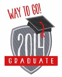 Applique graduation cap design with a shield, featuring '2014', 'WAY TO GO!', and 'GRADUATE' in festive colors.