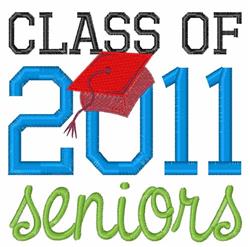 Graduation design with bold blue 'CLASS OF 2011', a red cap on '2011', and whimsical green 'seniors'.
