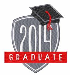 Graduation cap atop a shield with '2014,' featuring a red banner that reads 'GRADUATE.' Traditional celebratory design.