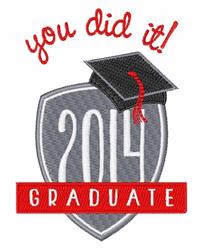 Modern graduation cap with a gray shield, 2014 in white, and 'GRADUATE' in bold red, celebrating achievements.