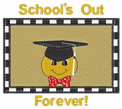 Playful smiley face wearing a black graduation cap and red polka dot bow tie with vibrant yellow text for graduation.