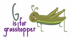 Playful cartoon grasshopper in shades of green with large eyes and 'G is for grasshopper' in purple text.