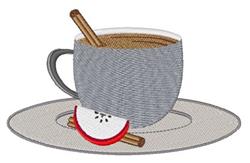 Gray coffee cup with a warm drink, cinnamon stick on the rim, and apple slice on a round plate, ideal for fall.