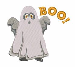 Playful gray ghost with expressive eyes and flowing white body, featuring bright orange 'Boo!' text for Halloween.