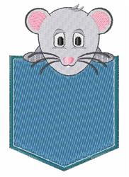Applique gray mouse with pink ears peeking over a blue denim pocket, featuring a playful expression.