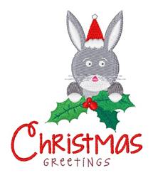 Playful gray rabbit with a red Christmas hat, surrounded by holly leaves and bright berries for festive decor.