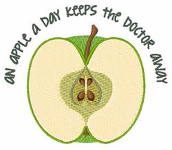Playful green apple cross-section design with pale interior, seeds, and vibrant text saying 'an apple a day.'