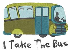 Playful cartoon green bus with cheerful driver and text 'I Take The Bus' below, perfect for fun travel themes.