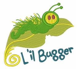 Playful green caterpillar with large eyes on a light green leaf, featuring 'L'il Bugger' text in fun font.