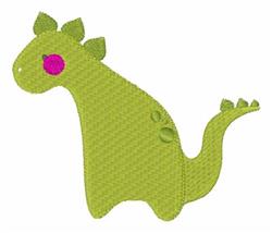 Playful green dinosaur with a round head and small spines, featuring a bright pink eye; perfect for children's items.