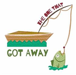 Playful green fish caught by a fishing line from a colorful fishing boat, with whimsical text 'THE ONE THAT GOT AWAY'.