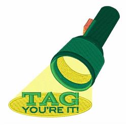 Playful green flashlight with a vibrant yellow beam and 'TAG YOU'RE IT!' text, perfect for kids' playtime.
