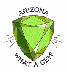 Large faceted green gemstone shines with depth, featuring bold text 'ARIZONA WHAT A GEM!' in playful style.
