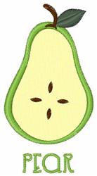 Playful green pear with a light yellow body, brown stem, and leaf. Whimsical text 'PEAR' at the bottom.