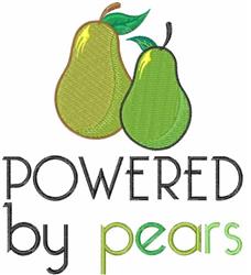 Cheerful embroidery featuring two playful green pears and 'Powered by pears' text below.