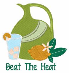 Green pitcher with curved handle, tall glass filled with ice, and lemon slice, perfect for summer fun.