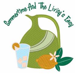 Playful green pitcher with curved handle alongside a blue glass of lemonade, orange slice, and leaves; perfect for summer.