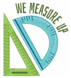 Green ruler and blue protractor with 'WE MEASURE UP' in vibrant font. Colorful and playful design for educational use.