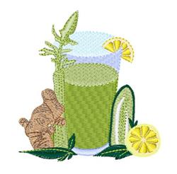Vibrant green smoothie in a tall glass, garnished with a lemon wedge, surrounded by ginger root and cucumber slices.