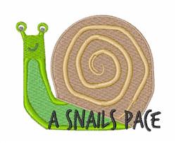 Playful green snail with a spiral beige shell and text 'A Snails Pace', vibrant and charming design.