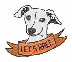 Playful greyhound head with a white coat and lively eyes, featuring an orange banner with 'LET'S RACE' in bold black.