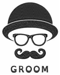 Modern groom accessories featuring a black bowler hat, oversized glasses, and curled mustache. Text 'GROOM' below.