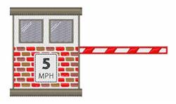 Cartoonish guard booth with red bricks, two windows, and a 5 MPH speed limit sign beside a striped barrier arm.