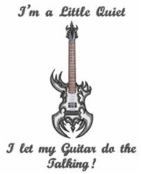 Stylized electric guitar with intricate black and silver designs, featuring bold rock-themed text elements.