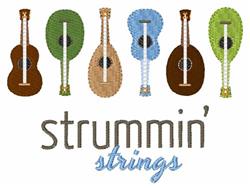 Colorful row of guitars and ukuleles with 'strummin' strings' text in playful design, perfect for embroidery.