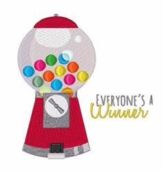 Playful gumball machine in red filled with colorful gumballs and 'Everyone's a Winner' text embroidered in yellow.