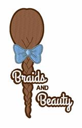 Playful hair braid with a blue bow and the text 'Braids and Beauty', vibrant design perfect for youth accessories.