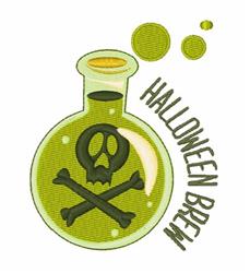 Cartoon flask with poison design, filled with green liquid, skull and crossbones, and bubbles. Perfect for Halloween.