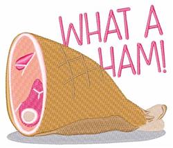Playful ham with pink accents and light brown exterior, featuring the humorous text 'WHAT A HAM!' in a festive style.