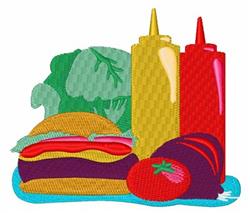 Playful hamburger with vibrant lettuce and tomato, accompanied by bright mustard and ketchup bottles in cheerful colors.