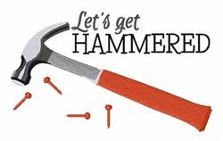 Playful hammer with an orange handle and red nails, featuring 'Let's get HAMMERED' text, ideal for DIY crafting.