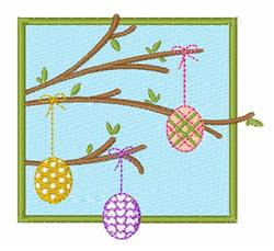 A playful branch adorned with colorful hanging eggs and green leaves, set against a soft blue background, perfect for Easter.